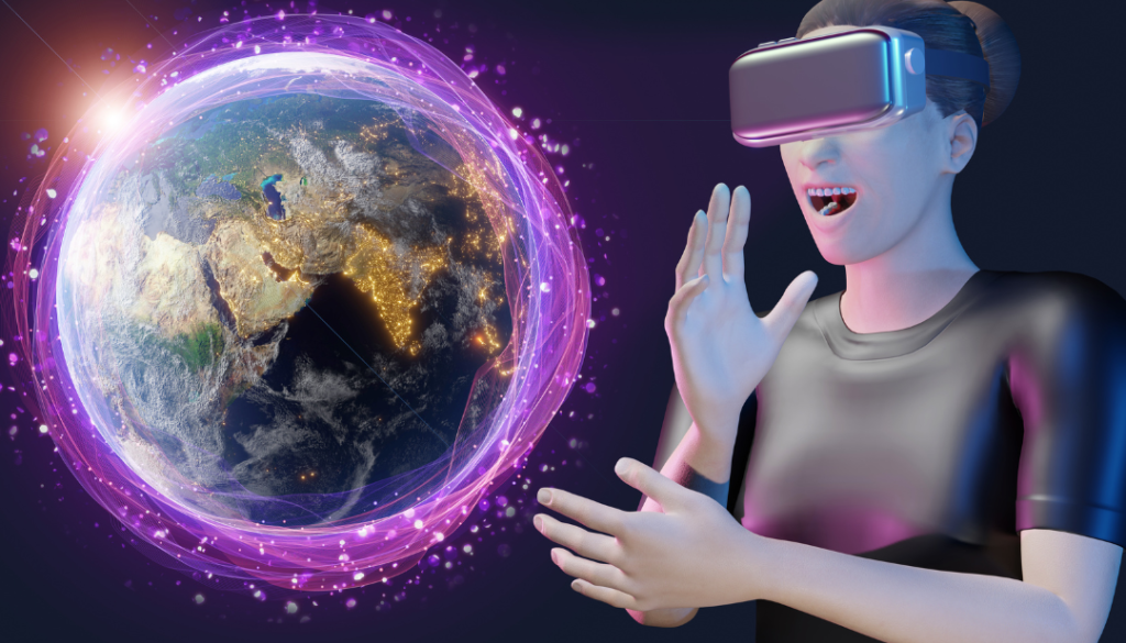 Woman enjoying phygital through VR of an entire digital world