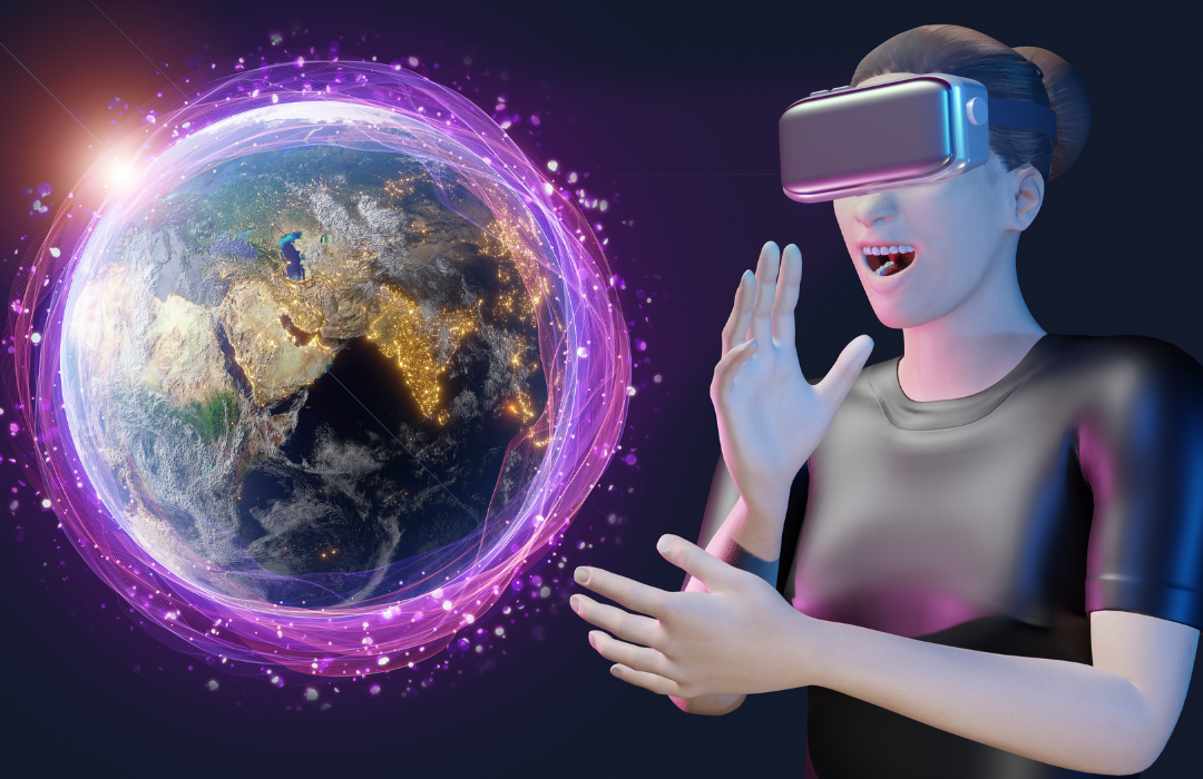 Woman enjoying phygital through VR of an entire digital world